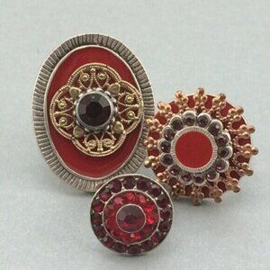 3 Adjustable Costume Rings Red Purple Silvertone Sparkly Ornate Boho Rhinestone